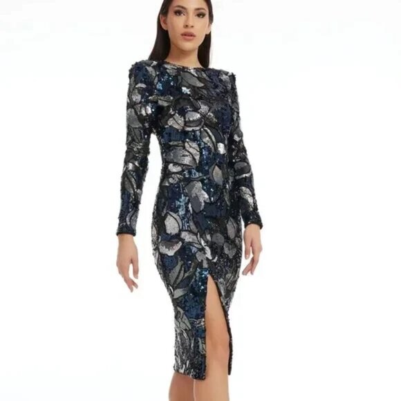 Dress The Population Blue/Silver Floral Sequin Natalie - Bodycon, Low Back XXL - Picture 2 of 4